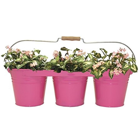 Houston International Trading Enameled Galvanized Triple Planter with Wood Handle for 6.5 in. Pots, HotPink 8333E HPK