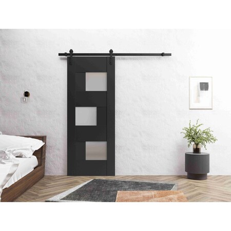 Vdomdoors Sturdy Barn Door 30 x 80in, Matte Black W/ Frosted Glass, 6.6FT Rail Hangers Heavy Hardware Set SETE6933BD-B-BLK-30