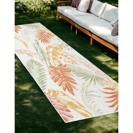 Homeroots 2' X 8' Ivory Green and Orange Palm Leaf Stain Resistant Indoor Outdoor Runner Rug 548911