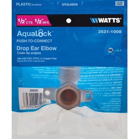 Watts 1/2'' CTS x 1/2'' FPT 90 Deg. Quick Connect Drop Ear Plastic Elbow, 1/4 Bend 3521-1008