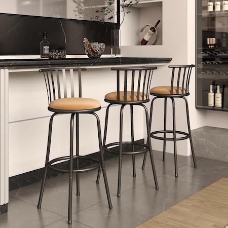 Homeroots Set of Three Brown and Black Faux Leather and Iron Low Back Adjustable Height Swivel Bar Chairs 610396