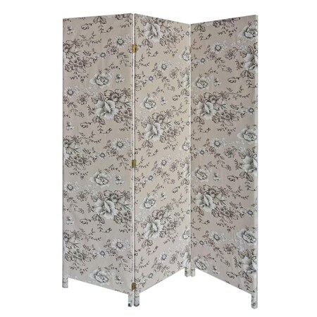 Homeroots 71" Beige and Black Fabric Folding Three Panel Screen Room Divider 379907