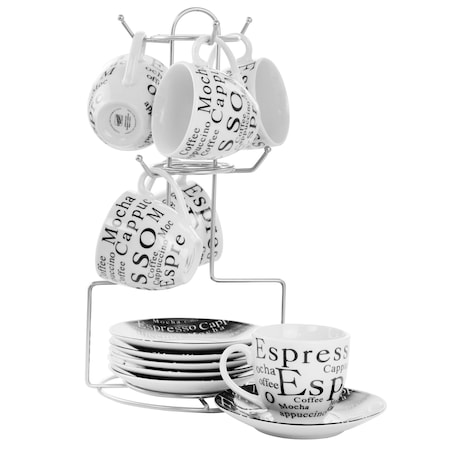 Gibson Home 13 Piece Espresso Mug and Saucer Set with Stand in White and Black 65631.13RM