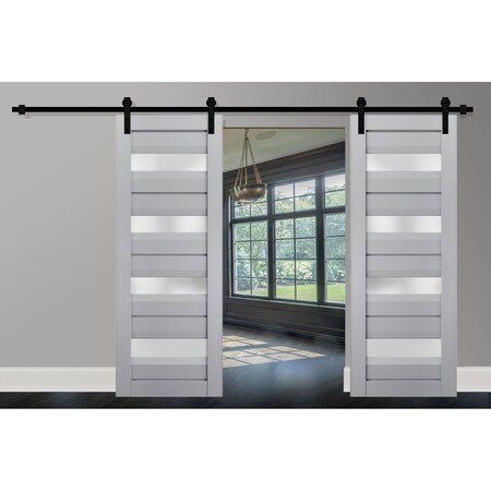 Sartodoors Sturdy Double Barn Door with Frosted Glass Grey 64x96 (2* 32x96) Solid Core Modern Interior VEREGIO7455DB-GRE-6496