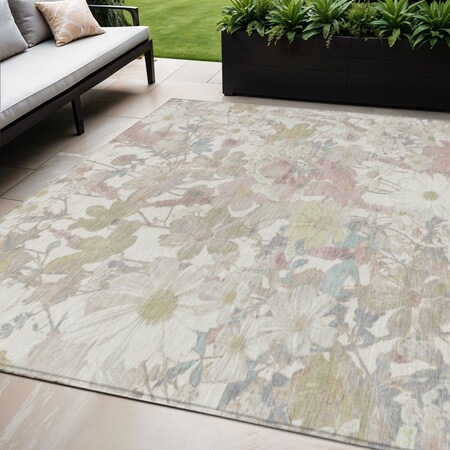 Homeroots 5' X 8' Ivory Beige And Linen Floral Washable Indoor Outdoor Area Rug 611193
