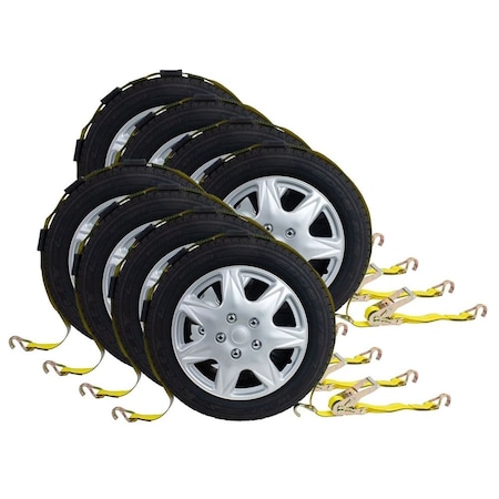 Mytee Products 2in x 10ft Ratchet Tire Strap w/ 3 Wire J Hooks and Rubber Blocks, 8PK RST-OTR-210WHx8