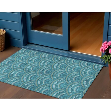 Homeroots 3' X 5' Teal Blue Fern Green And Ivory Geometric Washable Indoor Outdoor Area Rug 615236