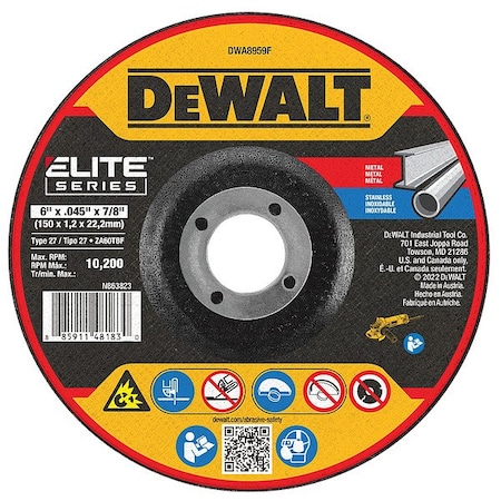 Dewalt Depressed Center Cut-Off Wheel, Type 27, 6 in Dia, 0.045 in Thick, 7/8 in Arbor Hole Size, Ceramic DWA8959F