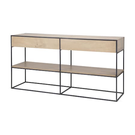 Homeroots 63" Natural and Black Solid Wood and Metal Frame Console Table With Shelf And With Two Drawers 605608