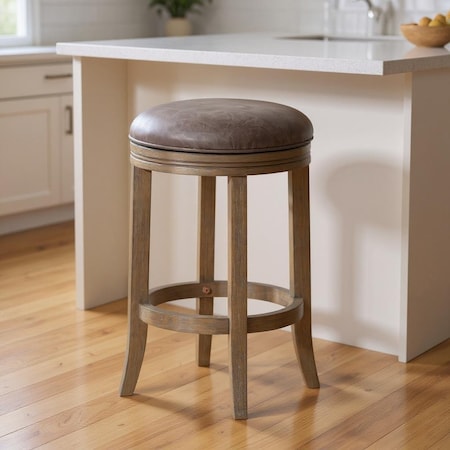 Homeroots 26" Stone and Oak Faux Leather and Solid Wood Backless Counter Height Swivel Bar Chair 632416