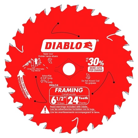 Diablo Framing Saw Blade, 6-1/2 in Dia, 5/8 in Arbor, 24-Teeth, Carbide Cutting Edge D0624X3
