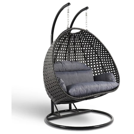 Leisuremod Charcoal Wicker Hanging 2 person Egg Swing Chair with Charcoal Blue Cushions ESC57CBU