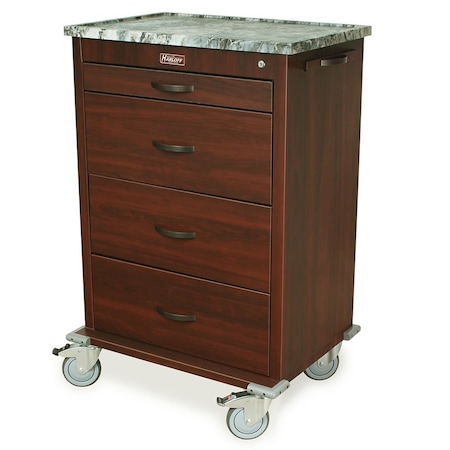 Harloff Tall Wood Vinyl Medical Cart, Four Drawer, Key Lock and Cherry Mahogany Finish WV6520-CM