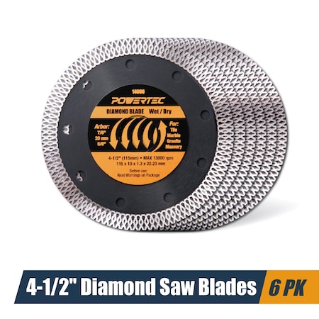 Powertec 4-1/2 Inch Diamond Saw Blades for Angle Grinder, Super Thin Turbo Mesh Rim Tile Blades, 6PK 14000-P6