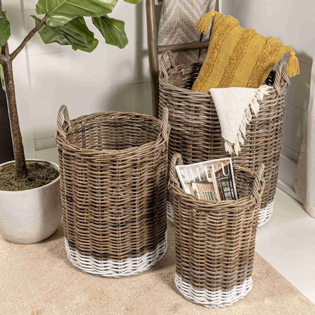 Happimess Ternion Cottage Hand-Woven Rattan Nesting Baskets with Handles, Kubu Gray/White (Set of 3), 3PK BSK1000A-3SET