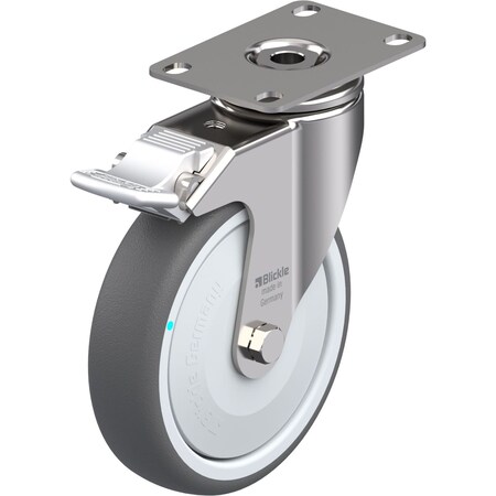 Blickle Swivel Plate Caster, PU, 5", Brake, Overall Height: 6.34" LKPXA-PATH 126KFD-12-FI