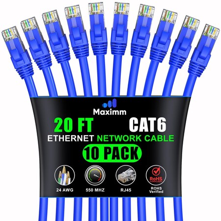 Maximm Cat6 Ethernet Cable 20ft 10Gbps 550MHz UTP, 10PK, Blue, 10PK CAT6CCA-20BL-10PK