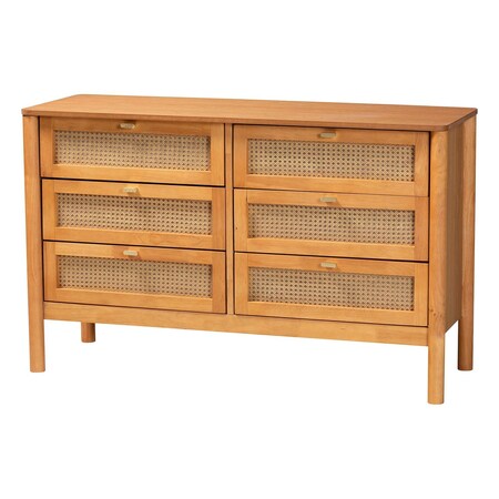 Baxton Studio Jenn Golden Brown Wood Japandi 6-Drawer Dresser with Distressed-Finished Rattan 253-13948-ZORO