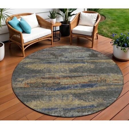 Homeroots 8' Graphite And Gray Round Abstract Washable Indoor Outdoor Area Rug 612505