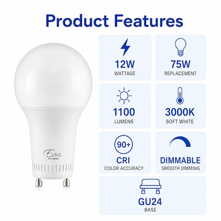 Euri Lighting A19 LED Bulb, 12W, 1100 lm, 75W Eq., 3000K, GU24, CEC/JA8/Title 24, UL EA19-12W5000CG