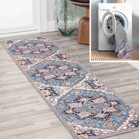 Jonathan Y Cirali Ornate Large Medallion Non-Slip Machine-Washable Blue/Beige 2 ft. x 10 ft. Runner Rug WSH105B-210