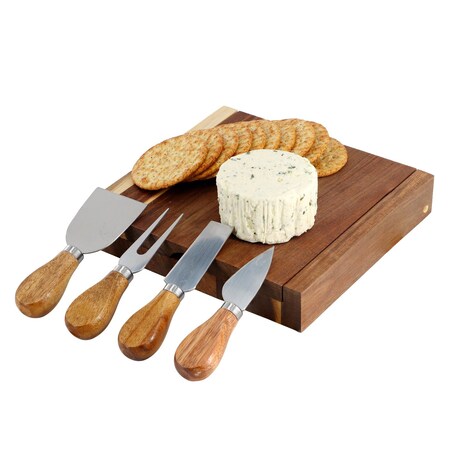 Megachef Acacia Wood 5 Piece Square Cheese Board with Knife Set 750122178M