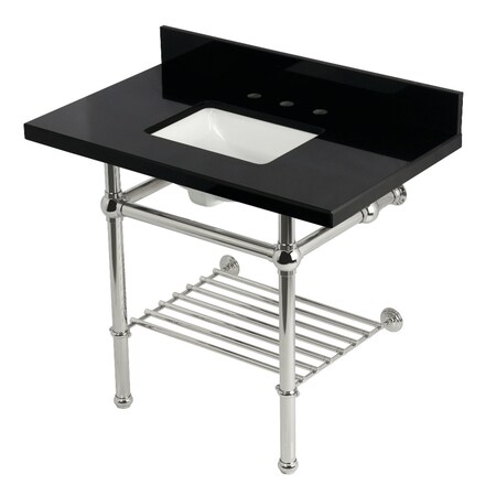 Kingston Brass 36-Inch Black Granite Console Sink with Brass Legs and Shelf, 8-Inch, 3-Hole KVPK3630KBSQB6