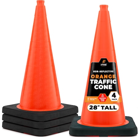 Xpose Safety Traffic Safety Cone, 28 in, PVC Plastic, 10 lb Weighted Base, DOT Approved, Orange, 4 pk OTC28-10L-4-X-S