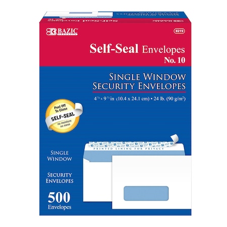 Bazic Products #10 Self-Seal Security Single Window Envelopes, Box of 500, 500PK 8219