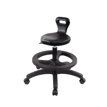 Blue Ridge Ergonomics Polyurethane Serpent Stool-Medium Bench Height with Black Foot Ring & Casters in Black Polyurethane PSPMBSL-RG-BF-RC-BLK