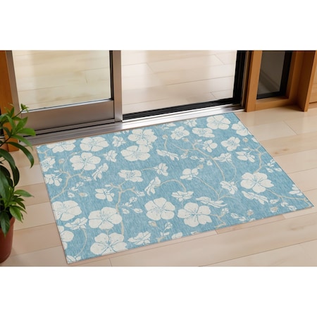 Homeroots 3' X 5' Sky Blue And Ivory Floral Washable Indoor Outdoor Area Rug 599922