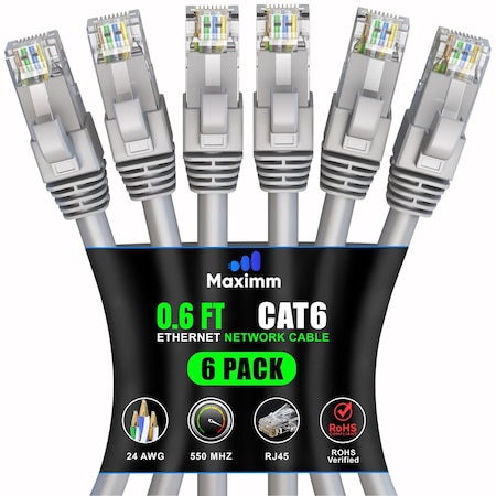 Maximm Cat6 Ethernet Cable 0.6ft 10Gbps 550MHz UTP, 6PK, Gray, 6PK CAT6CCA-0.6GR-6PK