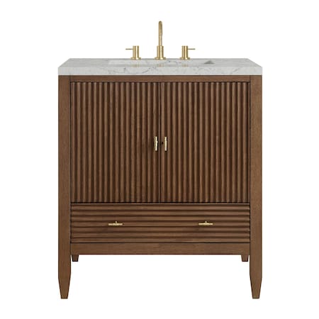 James Martin Vanities Myrrin 30" Single Vanity, Mid-Century Walnut w/ 3 CM Eternal Jasmine Pearl Silestone Top 485-V30-WLT-3EJP