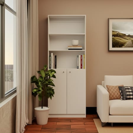 Homeroots 71" White Wood Three Tier Bookcase with Two Doors 546595