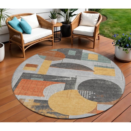 Homeroots 8' Gray Gold And Orange Round Geometric Washable Indoor Outdoor Area Rug 618024