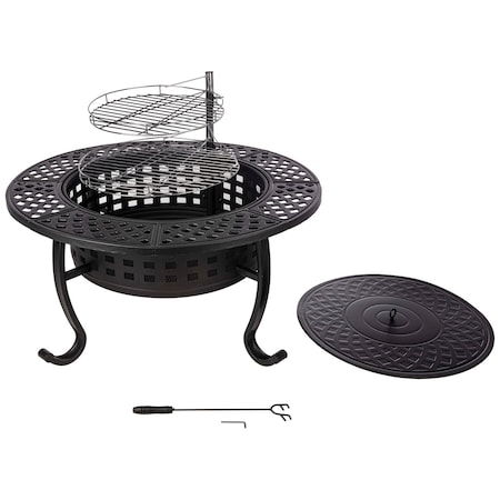 Pure Garden Fire Pit w/ Grill 37 in Round Outdoor Fire Table w/ 2 Grills, Lid, Poker & Cover Fire Pits 50-LG1478