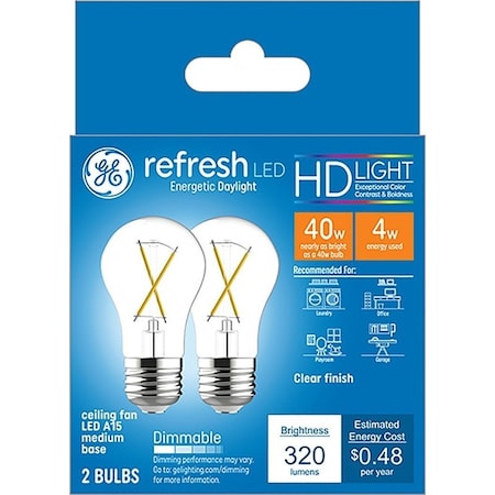 Ge Refresh Replacement Bulb, A15 Lamp, 40 W Equivalent, Medium Lamp Base, Dimmable, Clear, PK2 31339