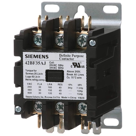 Siemens 30A, 3-Pole Definite Purpose Contactor with 110-120 VAC Coil 42BF35AF