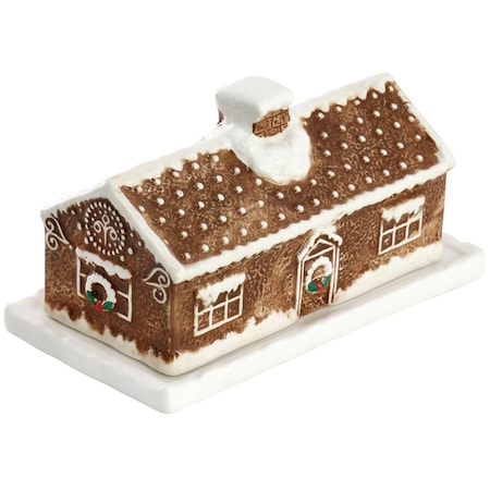Martha Stewart 7in x 3.7in Ceramic Gingerbread House Butter Dish in Brown 140229.02