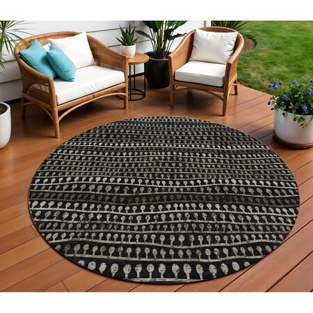 Homeroots 8' Taupe Charcoal And Gray Round Striped Washable Indoor Outdoor Area Rug 588252