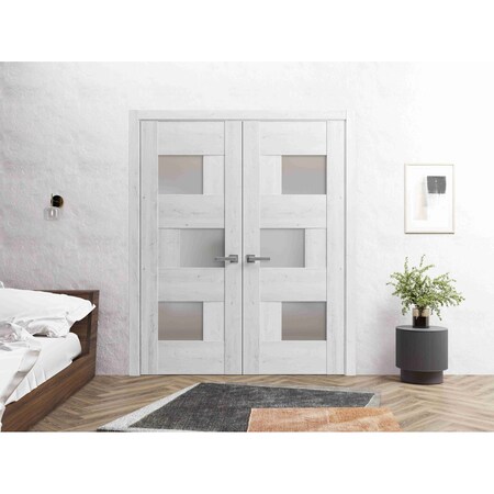 Vdomdoors Solid French Double Doors 84 x 84in, Nordic White W/ Frosted Glass, Closet Bedroom Sturdy Doors SETE6933DD-NOR-8484