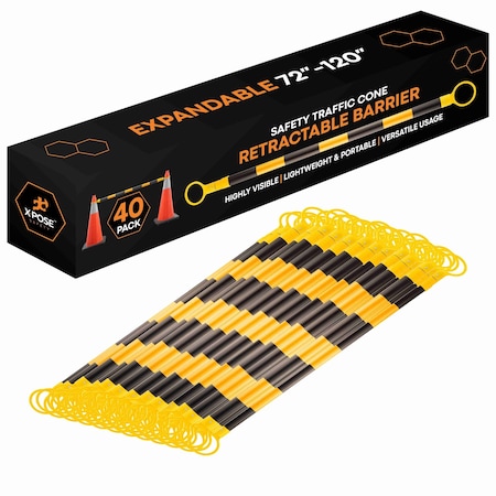 Xpose Safety Retractable Cone Bar Black/Yellow, 72in to 120in Length, 40PK CBY72/120-40-X