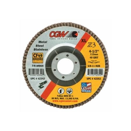 Cgw Abrasives Premium Z3 XL T27 Flap Disc, 4-1/2 in dia, 40 Grit, 7/8 Arbor, 13300 rpm, 10PK 421-42342