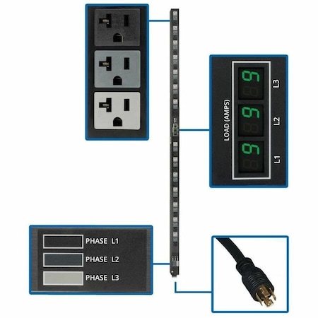 Eaton Tripp Lite Series 5.7kW 3-Phase Local Metered PDU, 120V Outlets 42 5-15/20R, 208V L21-20P PDU3MV6L2120LV