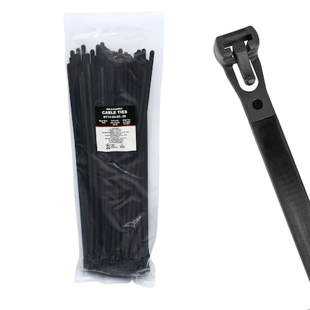 Cable Ties Unlimited Releasable Cable Tie, 14 in L, 50 lb Strength, 4 in Max Bundle Dia, Nylon, UV-Rated, Black, 100PK RT14-50-0C-.30