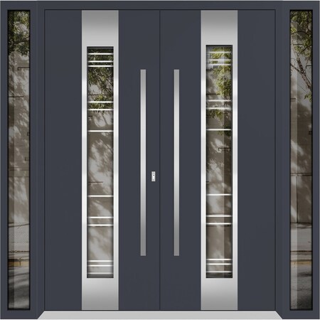Vdomdoors Metal Double Doors Deux 5755 Gray Graphite Clear Glass 2 Sidelights Entry Modern Painted 100x80 (W1 DEUX5755DEXD-GRE-W14+72+14xH80-LH-I