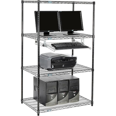 Global Industrial Nexel 4-Shelf Wire Computer LAN Workstation With Keyboard Tray, Black, 36"W x 24"D x 63"H 695395BK