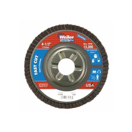 Weiler Vortec Pro Abrasive Flap Discs, 4.5 in, 40 Grit, 7/8 Arbor, 13,000 rpm, Alum Back, 10PK 804-31308