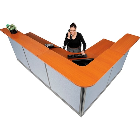 Global Industrial Interion L-Shaped Electric Reception Station, 116"W x 80"D x 46"H, Cherry Counter, Blue Panel 249011ECB