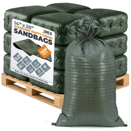 Jrex Safety Woven Green Polypropylene Sandbags - 14 x 26 in, 50 lb Capacity, Half Pallet (7,500) SBG-JR-1426-HP7500